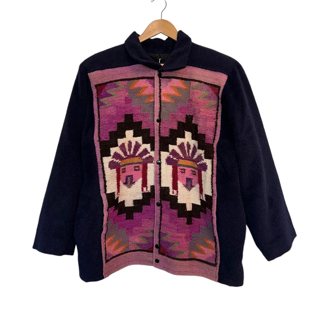 Inkas Jacket Alpaca Wool Handmade Coat Southwestern Aztec Tribal Peru Large